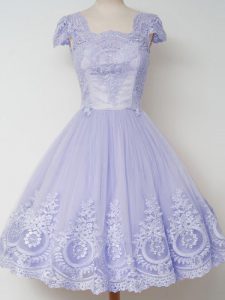 Amazing Knee Length Lavender Wedding Party Dress Square Cap Sleeves Zipper