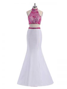 Sweet White Mermaid Halter Top Sleeveless Satin Floor Length Criss Cross Beading Dress for Prom