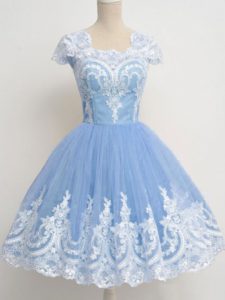 Light Blue Tulle Zipper Square Cap Sleeves Knee Length Wedding Guest Dresses Lace