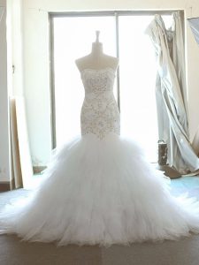 Brush Train Mermaid Wedding Dress White Strapless Tulle Sleeveless Lace Up