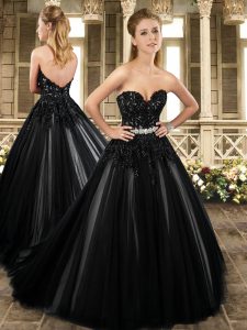 Spectacular Black Sleeveless Tulle Brush Train Backless Wedding Dresses for Beach and Wedding Party