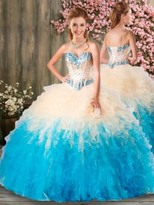 Hot Sale Blue And White Sleeveless Floor Length Beading and Ruffles Lace Up Quince Ball Gowns