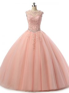 Beading and Lace Vestidos de Quinceanera Peach Lace Up Sleeveless Floor Length