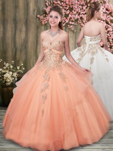 Dynamic Peach Tulle Lace Up Vestidos de Quinceanera Sleeveless Floor Length Beading and Ruffles