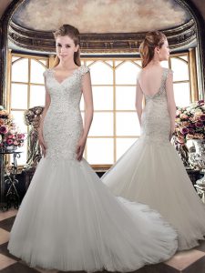 Best Selling V-neck Cap Sleeves Tulle Wedding Gowns Lace Brush Train Backless