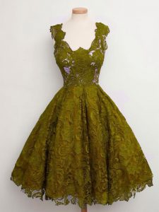 Olive Green Straps Lace Up Lace Vestidos de Damas Sleeveless