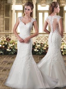 Dramatic White Mermaid Organza Straps Sleeveless Appliques and Embroidery Clasp Handle Wedding Dresses Sweep Train