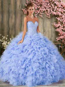 Pretty Organza Sweetheart Sleeveless Lace Up Beading and Ruffles Quinceanera Dresses in Lavender
