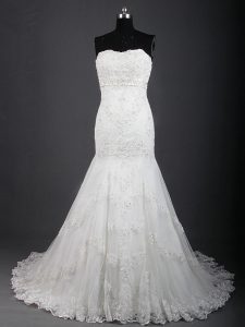 Suitable White Sweetheart Lace Up Lace Wedding Dress Brush Train Sleeveless