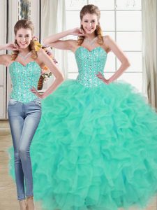 Comfortable Brush Train Two Pieces Quinceanera Gown Turquoise Sweetheart Organza Sleeveless Lace Up