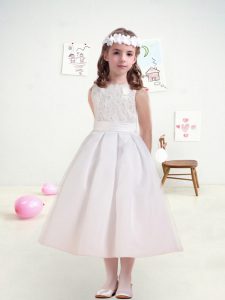 Beading and Lace and Belt Toddler Flower Girl Dress White Zipper Sleeveless Tea Length
