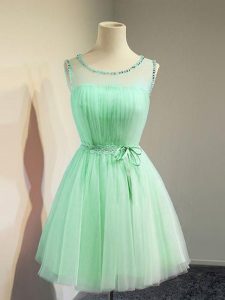 Apple Green Lace Up Wedding Party Dress Belt Sleeveless Knee Length