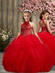 Gorgeous Floor Length Ball Gowns Sleeveless Red Child Pageant Dress Lace Up