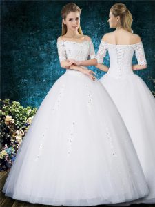 White Tulle Lace Up Wedding Dresses Half Sleeves Floor Length Beading and Appliques and Embroidery