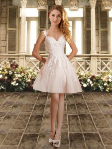 Spectacular White A-line Tulle Straps Sleeveless Lace Knee Length Lace Up Quinceanera Dama Dress