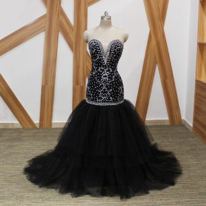Sweetheart Sleeveless Tulle Prom Gown Beading Brush Train Lace Up
