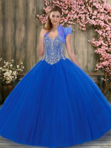 Custom Fit Royal Blue Sleeveless Beading Floor Length Sweet 16 Dress