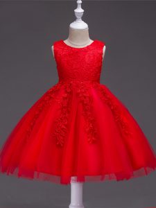 Custom Made Appliques Flower Girl Dress Red Zipper Sleeveless Knee Length