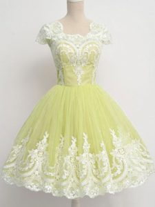 Fabulous Yellow Green Square Zipper Lace Bridesmaids Dress Cap Sleeves