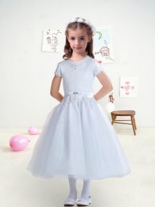 Traditional Scoop Short Sleeves Lace Up Flower Girl Dresses for Less White Tulle