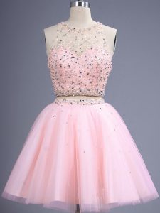 Glittering Beading Court Dresses for Sweet 16 Baby Pink Lace Up Sleeveless Knee Length