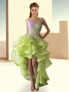 High Low Yellow Green Homecoming Gowns Tulle Sleeveless Lace and Appliques and Ruffles