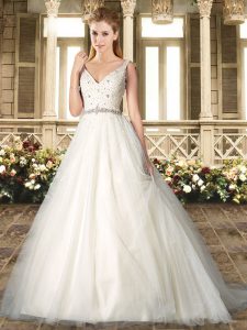 Exquisite Sleeveless Floor Length Beading and Lace Lace Up Wedding Dresses with White