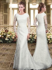 Affordable Mermaid Long Sleeves White Wedding Dress Sweep Train Clasp Handle