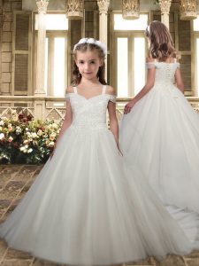 Most Popular Cap Sleeves Beading and Lace Lace Up Flower Girl Dresses for Less with White Sweep Train
