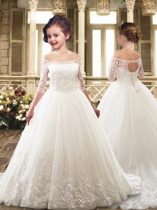 Organza Half Sleeves Toddler Flower Girl Dress Sweep Train and Lace