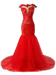 Red Cap Sleeves Tulle Brush Train Zipper Dress for Prom for Prom and Party and Military Ball
