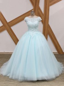 Dazzling Sleeveless Tulle Brush Train Zipper Quinceanera Gown in Light Blue with Beading and Lace