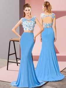 Sleeveless Beading and Hand Made Flower Zipper Prom Party Dress with Baby Blue Brush Train