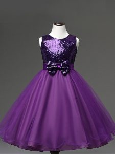 Charming Purple Scoop Zipper Sequins and Bowknot Kids Pageant Dress Sleeveless