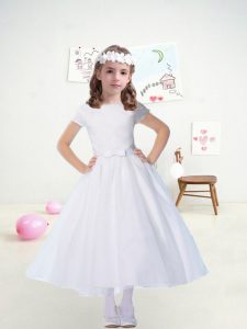 Dazzling White Ball Gowns Bateau Short Sleeves Tulle Tea Length Zipper Bowknot and Belt Flower Girl Dresses
