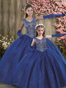 V-neck Sleeveless Zipper Quince Ball Gowns Royal Blue Tulle