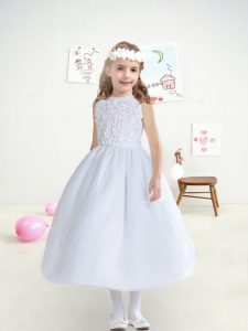 Exceptional Sleeveless Organza Tea Length Lace Up Flower Girl Dresses in White with Lace