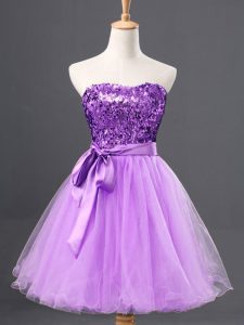Elegant Tulle Sweetheart Sleeveless Zipper Sashes ribbons and Sequins Homecoming Dress in Lavender