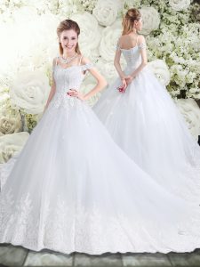 Traditional Straps Sleeveless Tulle Wedding Dress Beading and Appliques Court Train Lace Up