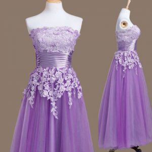 Tea Length Lace Up Vestidos de Damas Lavender for Prom and Party and Wedding Party with Appliques