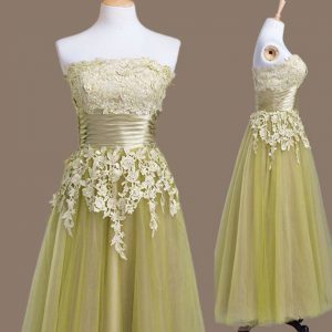 Elegant Tea Length Lace Up Dama Dress Olive Green for Prom and Party and Wedding Party with Appliques