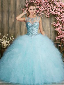 Chic Aqua Blue Lace Up Scoop Beading and Ruffles Ball Gown Prom Dress Organza Sleeveless