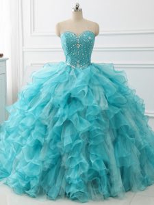 Lace Up Sweet 16 Dress Aqua Blue for Military Ball and Sweet 16 and Quinceanera with Beading and Ruffles Brush Train
