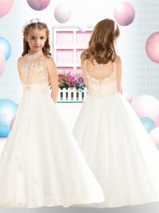 White Sleeveless Beading Floor Length Child Pageant Dress