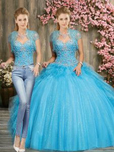 Enchanting Aqua Blue Sweet 16 Dress Military Ball and Sweet 16 and Quinceanera with Beading Sweetheart Sleeveless Lace U