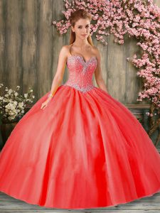Red Tulle Lace Up Quinceanera Gowns Sleeveless Floor Length Beading