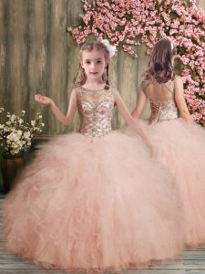 Sleeveless Lace Up Floor Length Beading and Ruffles Little Girl Pageant Dress