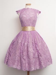 Enchanting Lilac Lace Up Bridesmaid Dresses Belt Cap Sleeves Knee Length