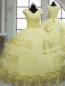 Light Yellow Satin and Chiffon Lace Up Quinceanera Gown Cap Sleeves Brush Train Beading and Embroidery