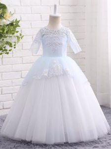 Trendy Scoop Half Sleeves Tulle Girls Pageant Dresses Appliques Clasp Handle